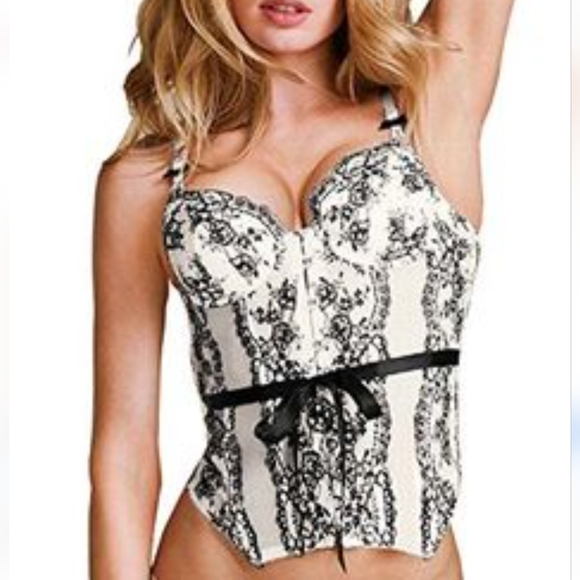 Victoria's Secret Y2K White Black Lace Corset Metal Hardware Front Closure 34C